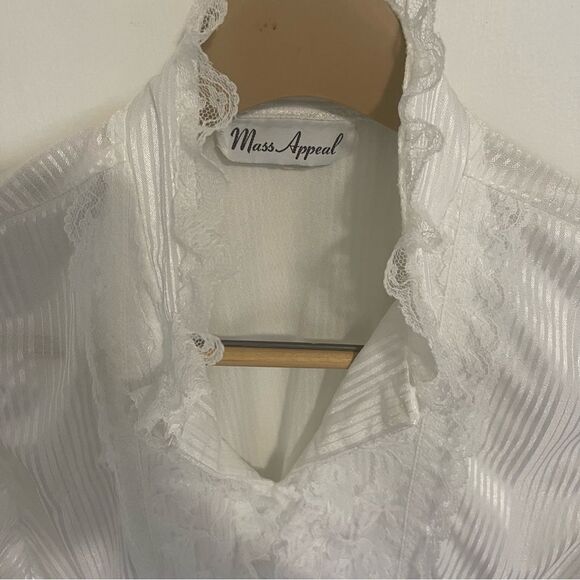 Vintage Mass Appeal Blouse Shimmer White US Large Ruffle Victorian Lace Dramatic - Picture 8 of 13